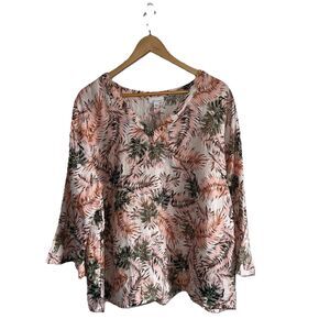 J Jill Love Linen Palm Leaf Tunic Top Size XL Blouse Pink Peach Green 3/4 Sleeve